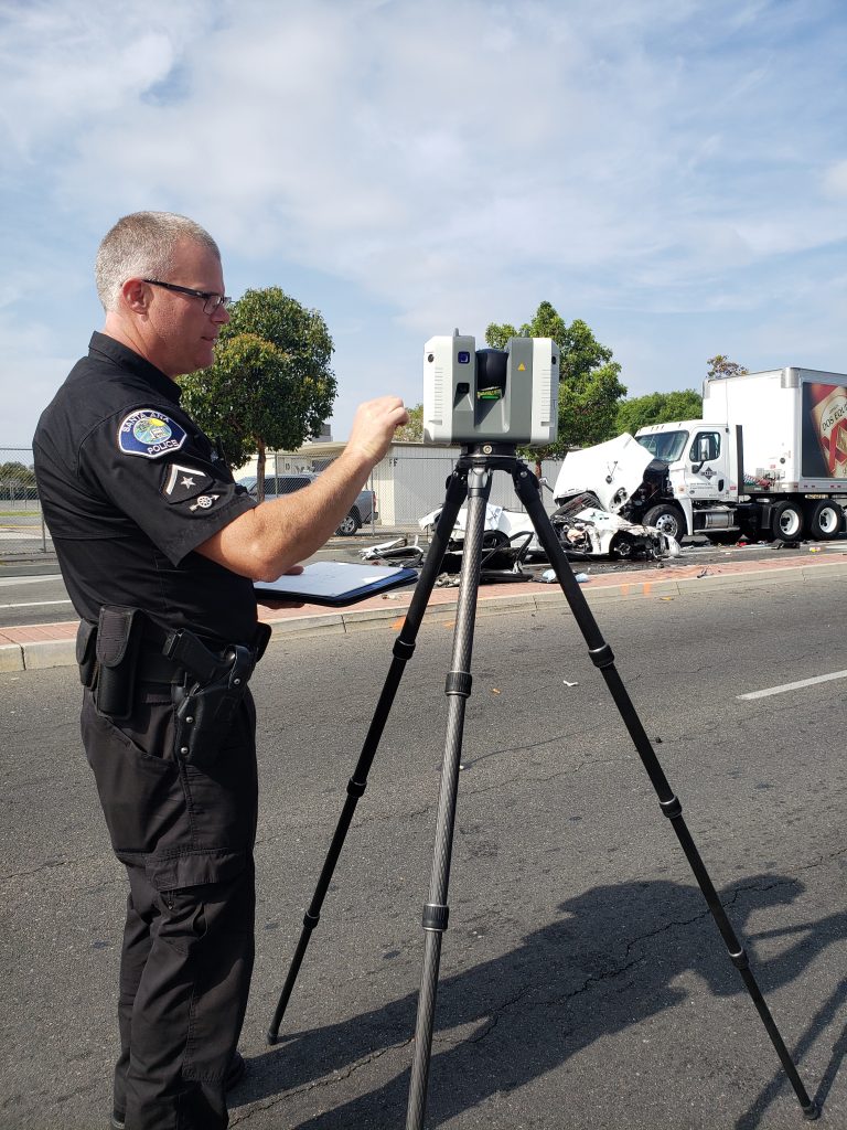 Investigator Weston Hadley of the Santa Ana Police Department’s Collision Investigations Unit uses the Leica RTC360 laser scanner to quickly document and clear crash scenes.